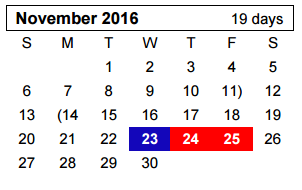 District School Academic Calendar for Westover Park Jr High for November 2016