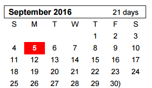 District School Academic Calendar for Westover Park Jr High for September 2016