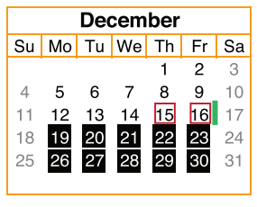 District School Academic Calendar for Kelly Pre-kindergarten Center for December 2016