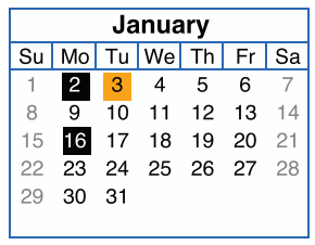 District School Academic Calendar for Kelly Pre-kindergarten Center for January 2017