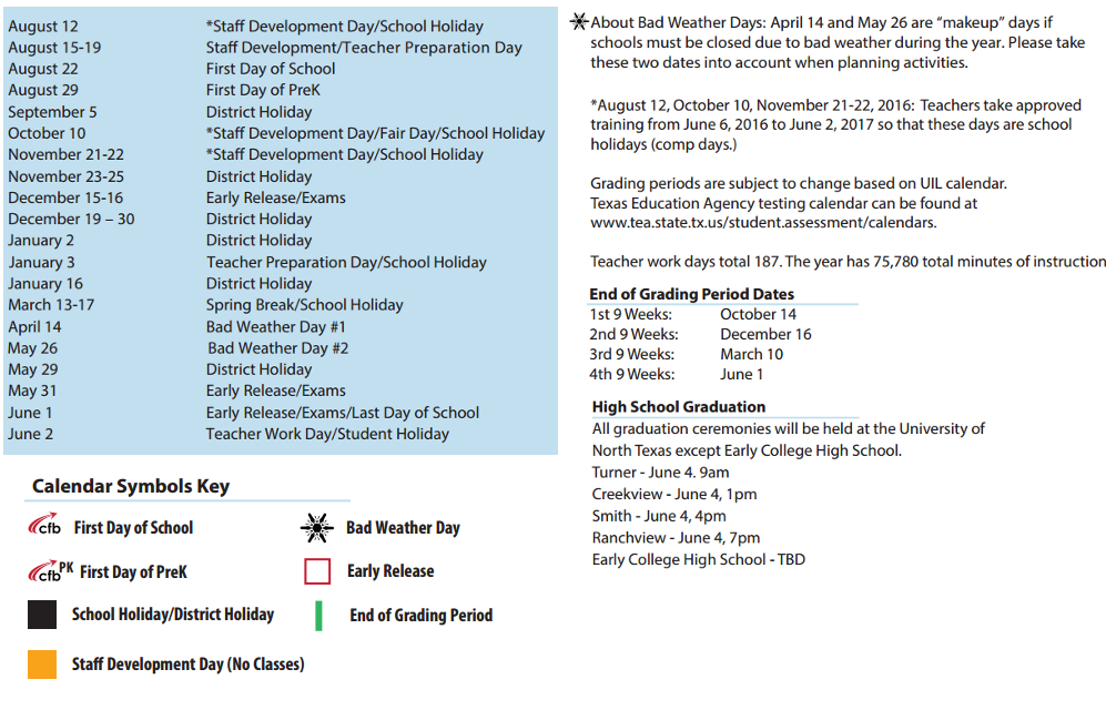 District School Academic Calendar Key for Grimes Education Center