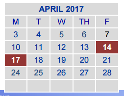 District School Academic Calendar for Jjaep Disciplinary School for April 2017