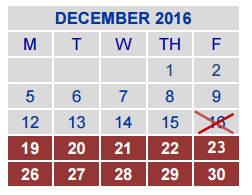 District School Academic Calendar for Jjaep Disciplinary School for December 2016