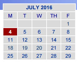 District School Academic Calendar for Alice Johnson Junior High for July 2016