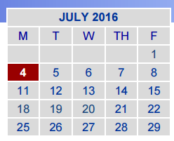 District School Academic Calendar for Crenshaw Primary for July 2016