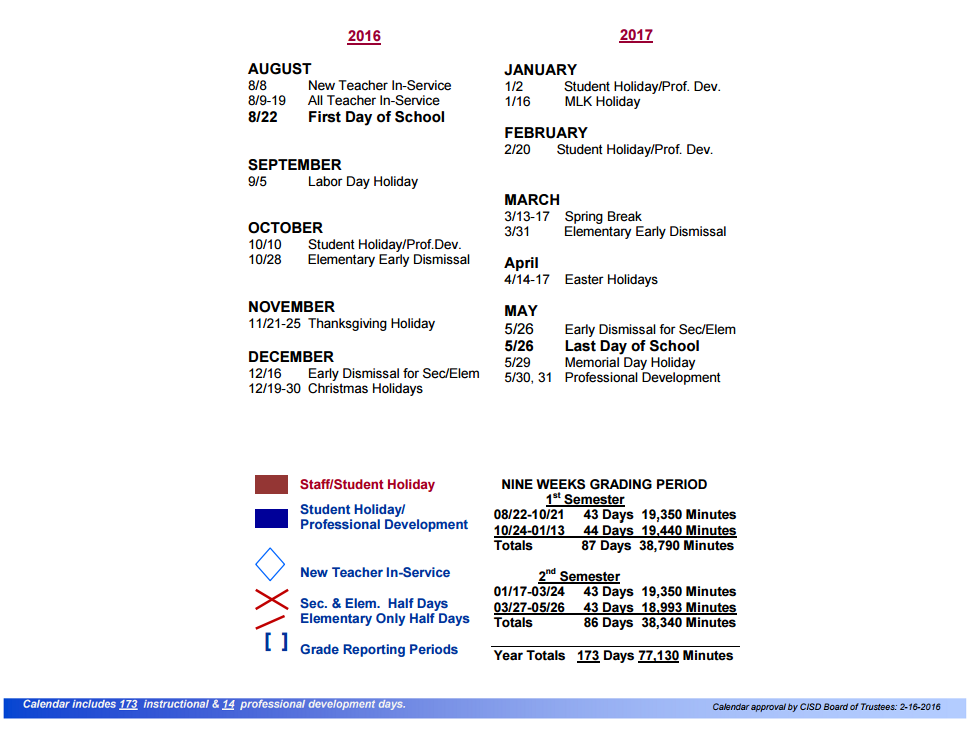 District School Academic Calendar Key for Crenshaw Primary