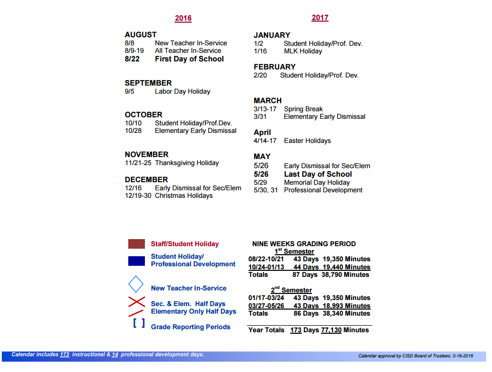 District School Academic Calendar Key for De Zavala Elementary