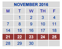 District School Academic Calendar for Jjaep Disciplinary School for November 2016