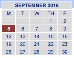 District School Academic Calendar for Alice Johnson Junior High for September 2016