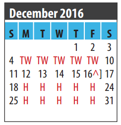 District School Academic Calendar for John F Ward Elementary for December 2016