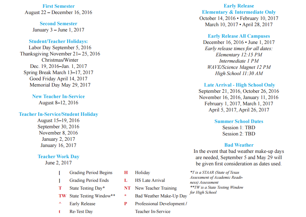 District School Academic Calendar Key for League City Elementary
