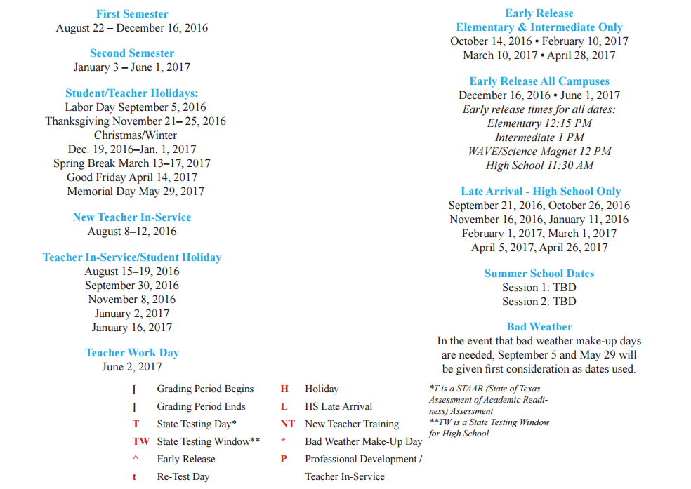 District School Academic Calendar Key for Clear Brook High School