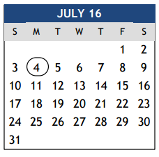District School Academic Calendar for Southwood Valley Elementary for July 2016