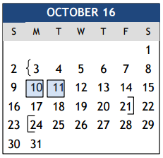 District School Academic Calendar for Center For Alternative Learning for October 2016