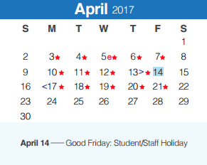 District School Academic Calendar for Spring Branch Middle for April 2017