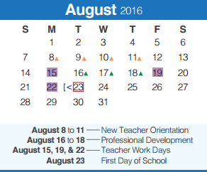 District School Academic Calendar for Rebecca Creek Elementary School for August 2016