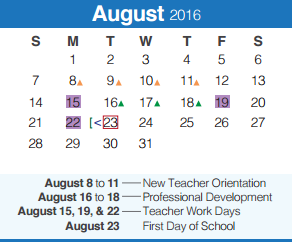 District School Academic Calendar for Freiheit Elementary for August 2016