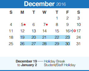 District School Academic Calendar for Smithson Valley Middle for December 2016