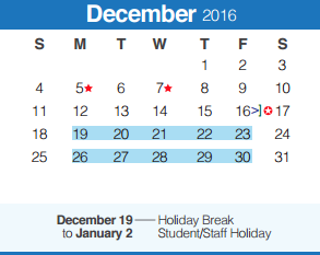 District School Academic Calendar for Spring Branch Middle for December 2016