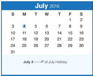 District School Academic Calendar for Spring Branch Middle for July 2016