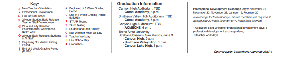 District School Academic Calendar Key for Comal Elementary School