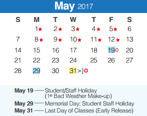 District School Academic Calendar for Arlon R Seay Intermediate for May 2017