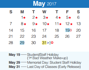 District School Academic Calendar for Spring Branch Middle for May 2017