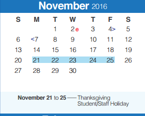 District School Academic Calendar for Mountain Valley Middle School for November 2016