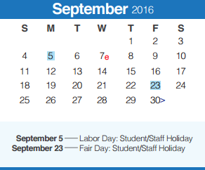 District School Academic Calendar for Spring Branch Middle for September 2016