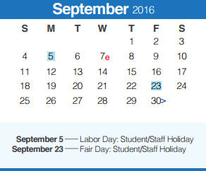 District School Academic Calendar for Church Hill Middle School for September 2016