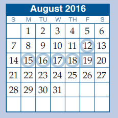 District School Academic Calendar for Sam Hailey Elementary for August 2016