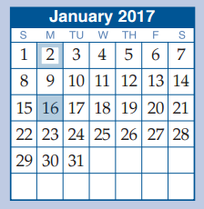 District School Academic Calendar for B B Rice Elementary for January 2017