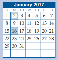 District School Academic Calendar for Juvenile Detention Ctr for January 2017