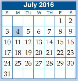 District School Academic Calendar for Pathways for July 2016