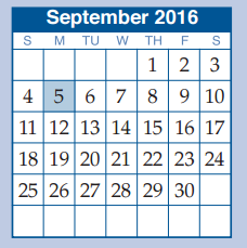 District School Academic Calendar for Sam Hailey Elementary for September 2016