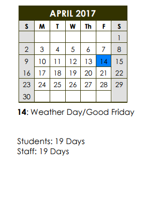District School Academic Calendar for Lee Elementary School for April 2017
