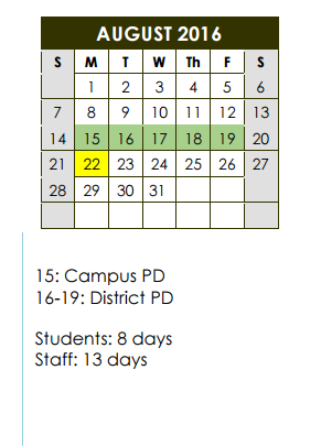 District School Academic Calendar for Cottonwood Creek Elementary School for August 2016