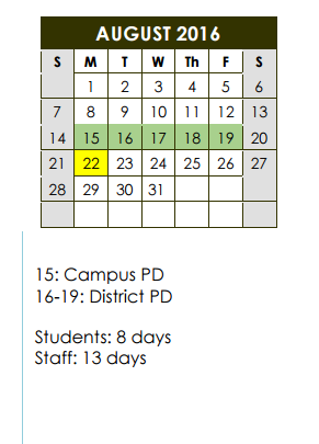 District School Academic Calendar for P A S S Learning Ctr for August 2016