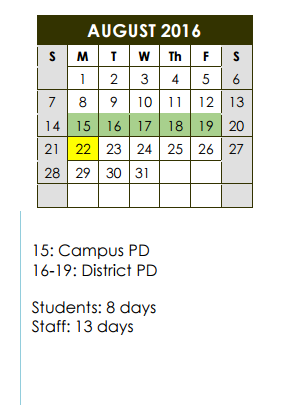 District School Academic Calendar for Valley Ranch Elementary School for August 2016