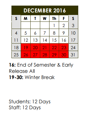 District School Academic Calendar for Valley Ranch Elementary School for December 2016