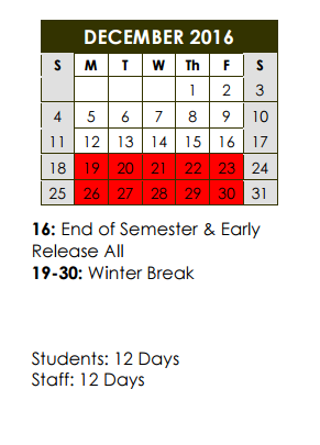 District School Academic Calendar for P A S S Learning Ctr for December 2016