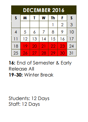 District School Academic Calendar for Coppell Middle East for December 2016