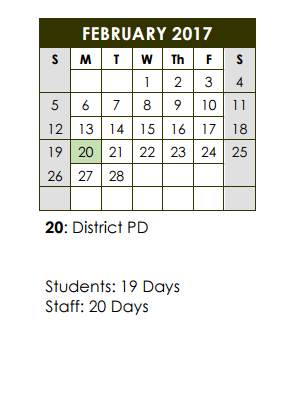 District School Academic Calendar for P A S S Learning Ctr for February 2017
