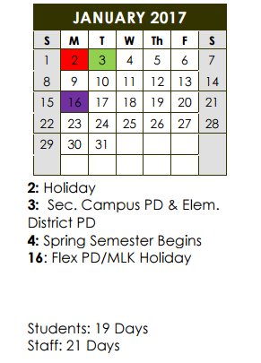 District School Academic Calendar for Denton Creek Elementary School for January 2017