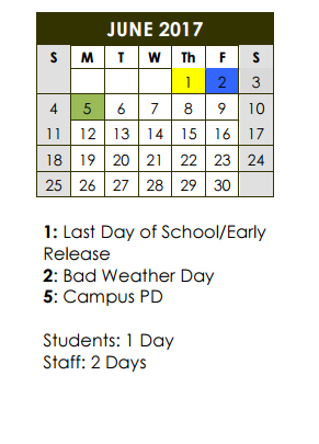 District School Academic Calendar for Mockingbird Elementary School for June 2017