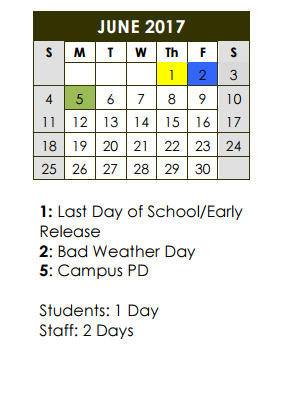 District School Academic Calendar for Austin Elementary for June 2017