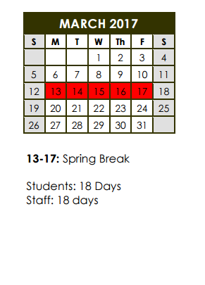 District School Academic Calendar for Mockingbird Elementary School for March 2017