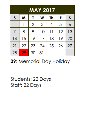 District School Academic Calendar for Denton Creek Elementary School for May 2017
