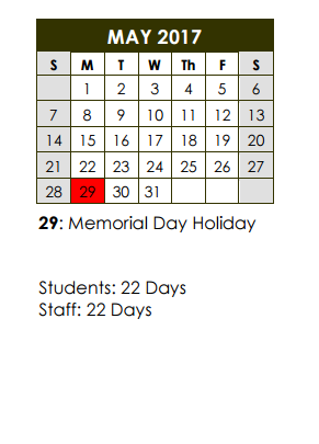 District School Academic Calendar for P A S S Learning Ctr for May 2017