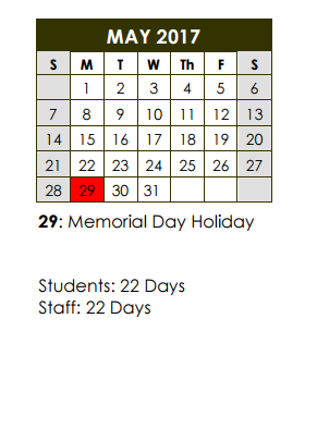 District School Academic Calendar for Pinkerton Elementary School for May 2017